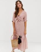 Faithfull Maple Check Midi Dress With Tie Front-multi