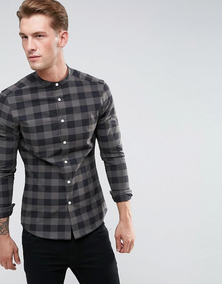 Asos Skinny Buffalo Plaid Shirt With Grandad Collar - Green