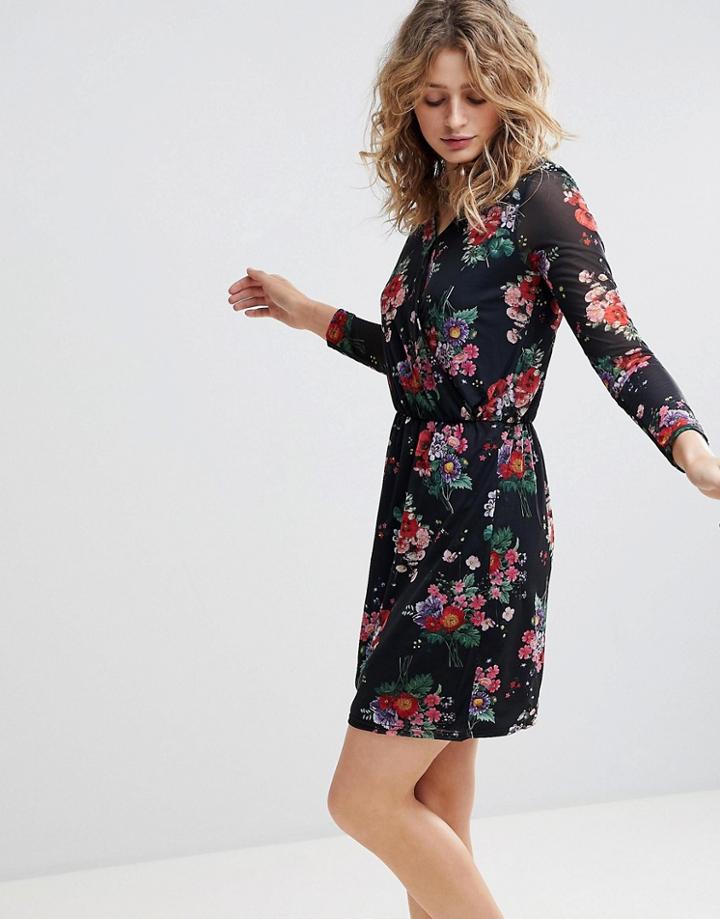 Ichi Floral Wrap Dress-black