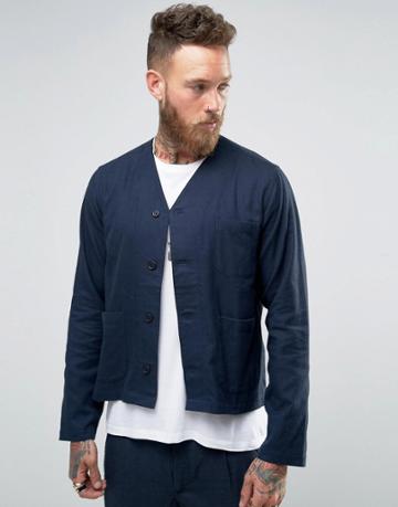 Hart Hollywood By Nick Hart V Neck Overshirt In Navy Herringbone - Nav