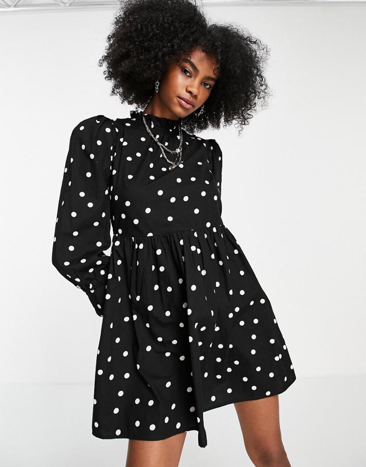 Violet Romance Tiered Cotton Mini Dress In Black And White Polka Dot-multi