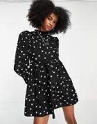 Violet Romance Tiered Cotton Mini Dress In Black And White Polka Dot-multi