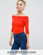 Asos Petite Top With Bardot Neck And 3/4 Sleeves - Orange