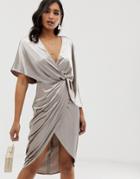 Asos Design Midi Dress In Velvet With Asymmetric Kimono Sleeve - Beige