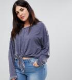 Asos Design Curve Top In Wash With Tie Front And Batwing Sleeve - Gray