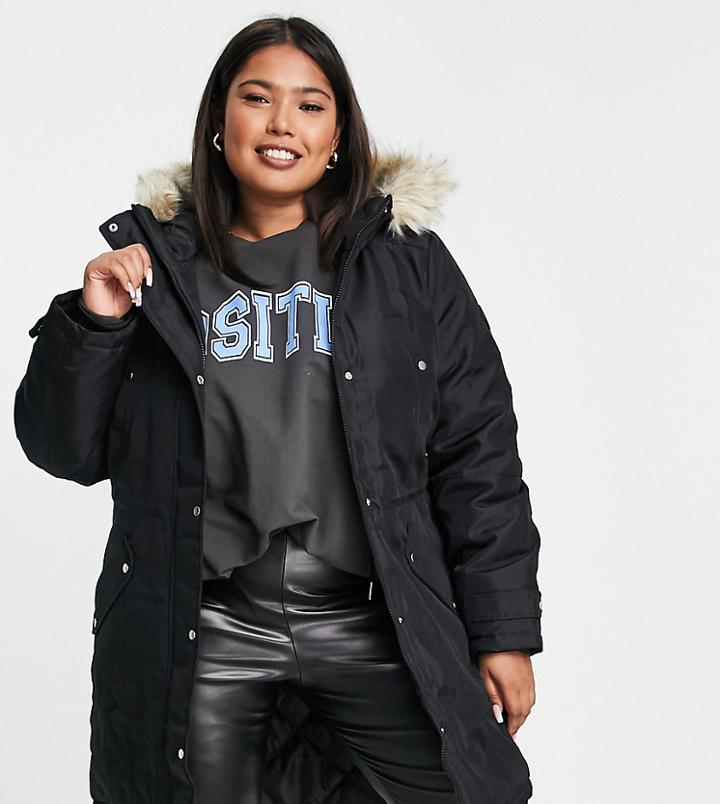 Vero Moda Curve Parka With Faux Fur Lined Hood In Black