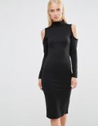 Club L Cold Shoulder Bodycon Dress With Zip Detail - Black