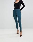 Asos Rivington High Waisted Jeggings In Fanchon Green Cast Wash - Blue