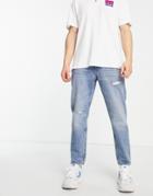 Asos Design Cone Mill Denim Classic Rigid 'american Classic' Jeans In Mid Wash Blue With Abrasions