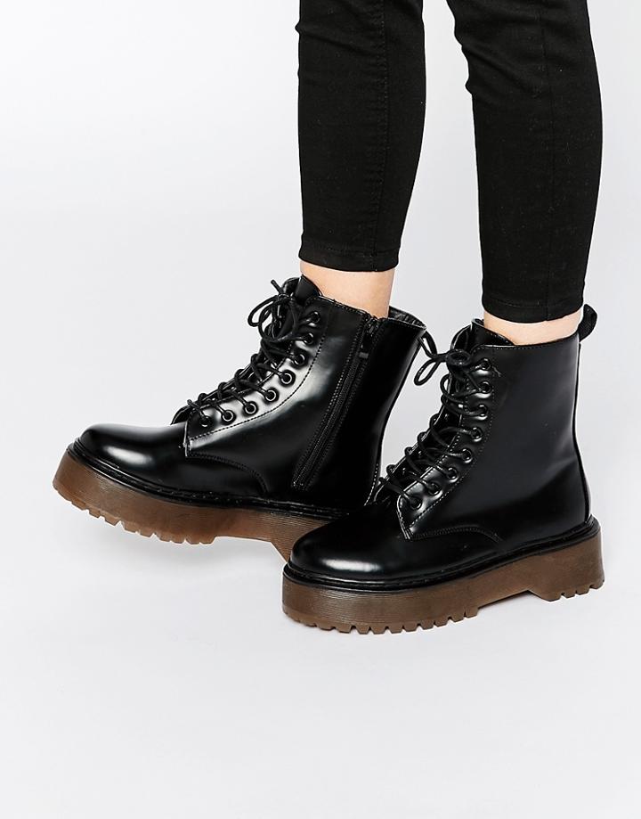 Dolcis Chunky Flatform Heel Lace Up Boots - Black