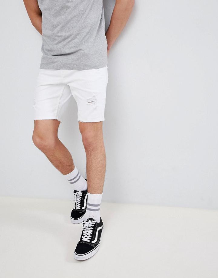 Bershka Slim Fit Denim Shorts In White - White