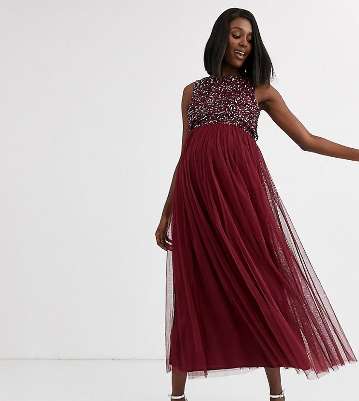 Maya Maternity Bridesmaid Delicate Sequin 2 In 1 Midaxi Dress In Wine-red