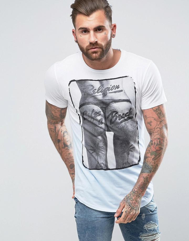 Religion T-shirt With Lifes A Beach And Blue Fade - White