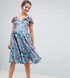 Chi Chi London Maternity Printed Midi Dress With Cold Shoulder Detail - Multi