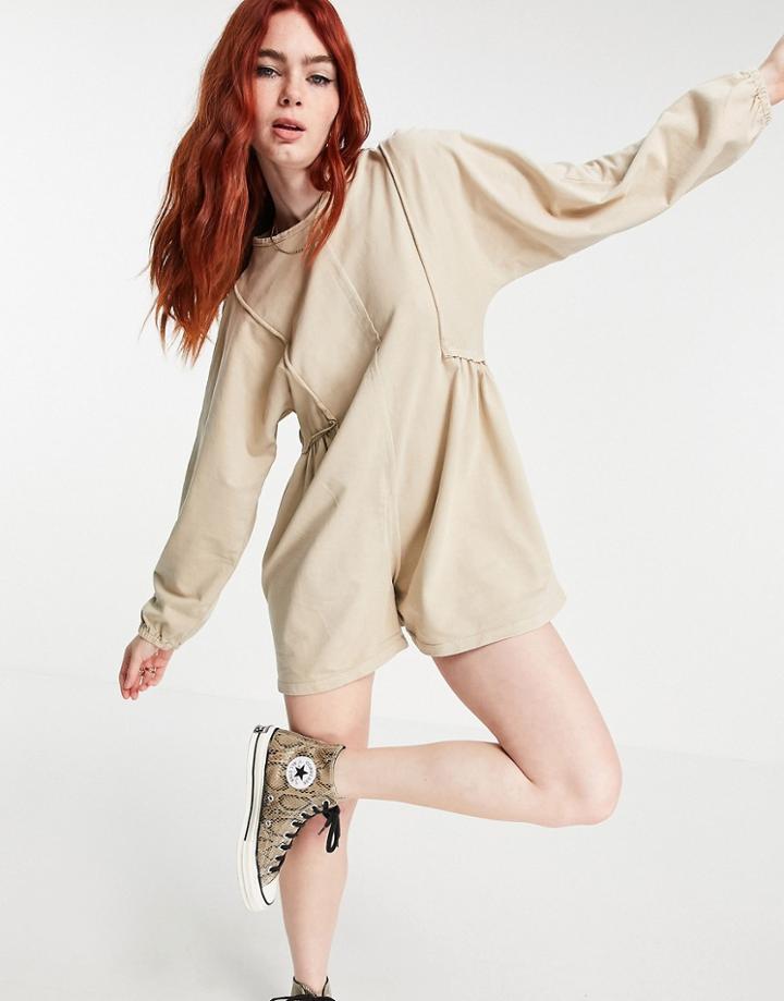 Asos Design Raw Edge Oversized Sweater Romper In Mushroom-brown