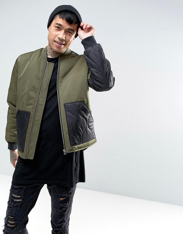 Asos Bomber Jacket With Quilted Panels In Khaki - Green