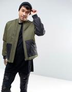 Asos Bomber Jacket With Quilted Panels In Khaki - Green