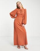 Asos Design Maxi Tea Dress With Ring Detail And Balloon Sleeves In Rust-red