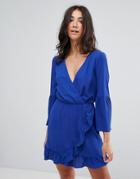 Miss Selfridge Ruffle And Tiered Long Sleeve Wrap Dress - Blue