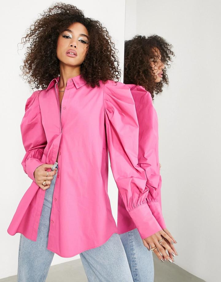 Asos Edition Cotton Shirt With Oversized Puff Sleeve In Bright Pink