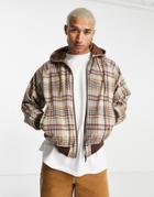 Asos Design Oversized Bomber Jacket In Neutral Check With Hood