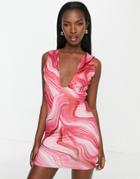 Public Desire Double Layer Slinky Plunge Mini Dress In Fuchsia Swirl-pink