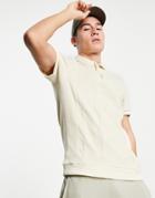 Asos Design Muscle Fit Polo With Waffle Cut & Sew Panels In Beige-neutral