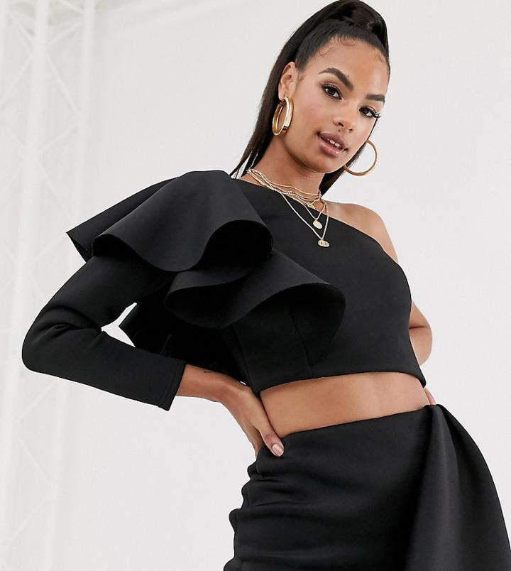 True Violet Exclusive One Shoulder Frill Top In Black