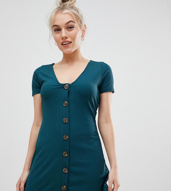 Miss Selfridge Petite Button Front Rib Dress In Green - Green