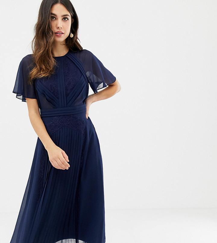 Asos Design Pleated Paneled Flutter Sleeve Midi Dress With Lace Inserts - Navy