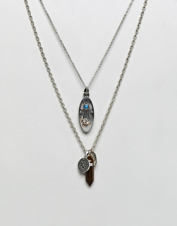 Sacred Hawk Multi Row Necklace Pack With Tigerseye Pendant - Silver