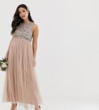 Maya Maternity Bridesmaid Sleeveless Midaxi Tulle Dress With Tonal Delicate Sequin Overlay In Taupe Blush-brown