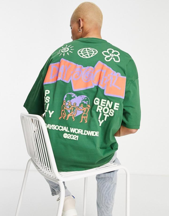 Asos Daysocial Oversized T-shirt With Large Back Graphic Print In Dark Green