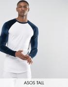Asos Tall Longline Muscle Long Sleeve T-shirt With Velour Sleeves And Curve Hem - White
