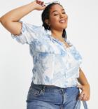 Asos Design Curve Short Sleeved Cut Out Top In Blue Floral Print-multi