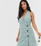 Asos Design Petite Palm Broderie Wrap Halter Mini Sundress With Side Buttons-green