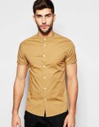 Asos Skinny Shirt In Camel With Grandad Collar And Short Sleeves - Camel