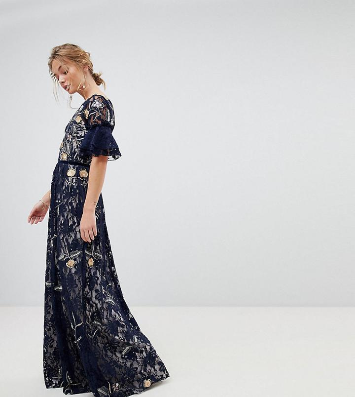 Frock And Frill Allover Floral Embroidered Lace Maxi Dress With Flutter Sleeve - Navy
