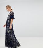 Frock And Frill Allover Floral Embroidered Lace Maxi Dress With Flutter Sleeve - Navy