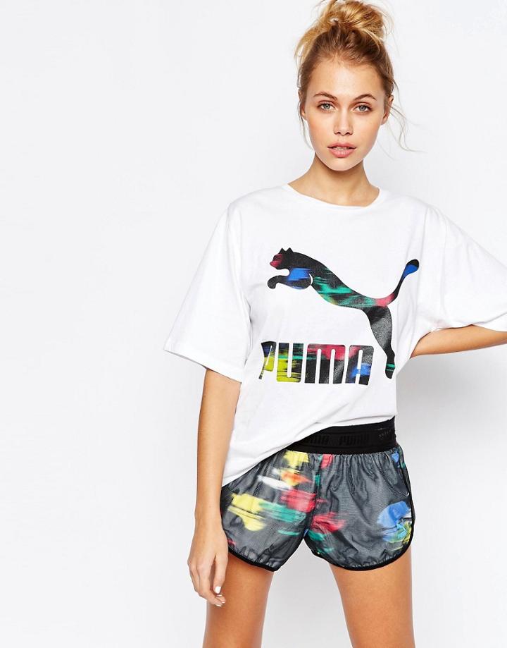 Puma Oversized Longline T-shirt With Multi Color Logo - White