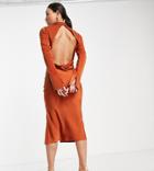 Asos Design Tall Satin Shirt Midi Dress With Cowl Back Detail-orange