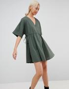 Asos V Front V Back Smock Dress With Ruched Tie Detail - Green