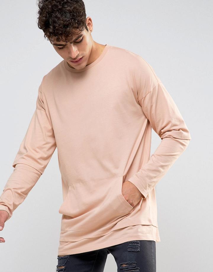 Asos Super Longline Long Sleeve T-shirt With Hem Extender - Pink