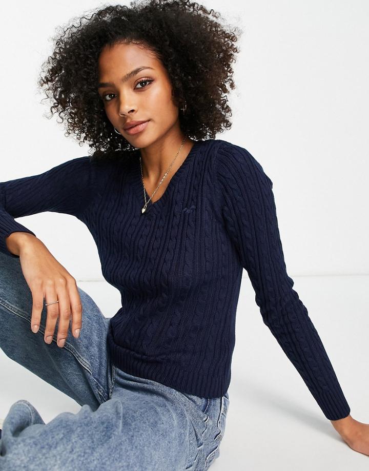 Hollister V-neck Cable Knit Sweater In Navy