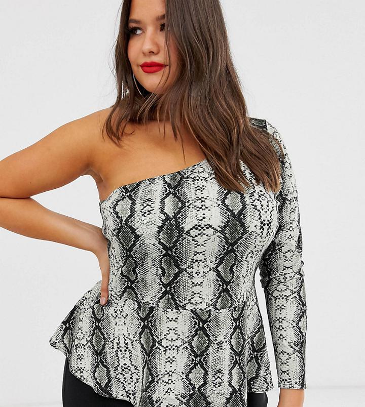 Asos Design Curve One Shoulder Peplum Top In Snake Print-multi