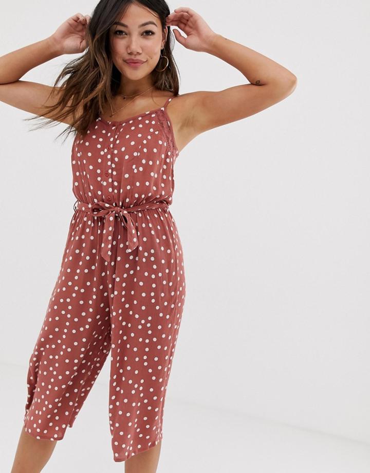 Brave Soul Antonia Button Down Jumpsuit In Polka Dot-pink