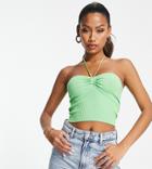 Bershka Halter Neck Tie Up Knit Top In Green