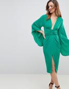 Asos Deep Plunge Slinky Kimono Midi Dress - Green