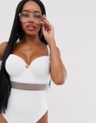 Asos Design Fuller Bust Exclusive Mesh Insert Underwire Swimsuit In White Dd-g