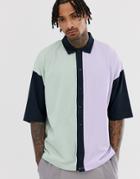 Asos Design Oversized Button Through Polo Shirt In Pastel Color Block - Green